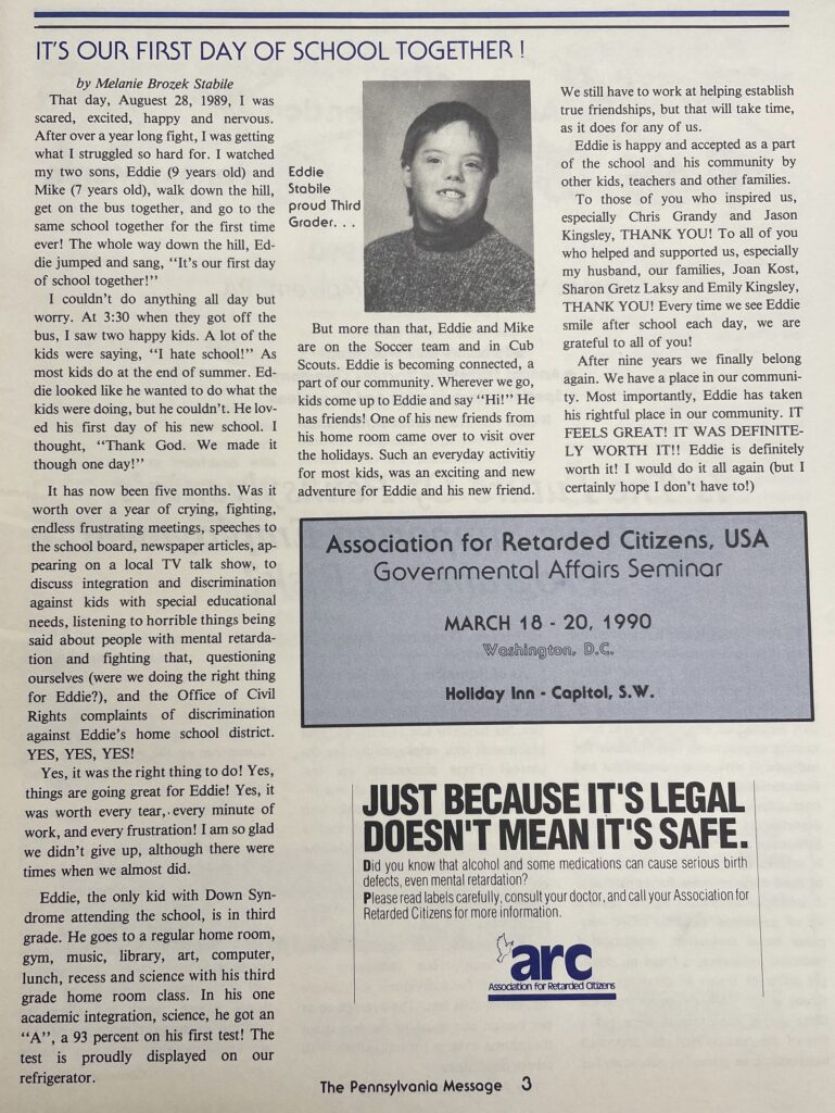 This is a page from a 1990 issue of the PA Message newsletter with an article called "Our First Day of School Together". There is a photo of Eddie Stabile. Also on the page are several announcements for seminars and a public service announcement.